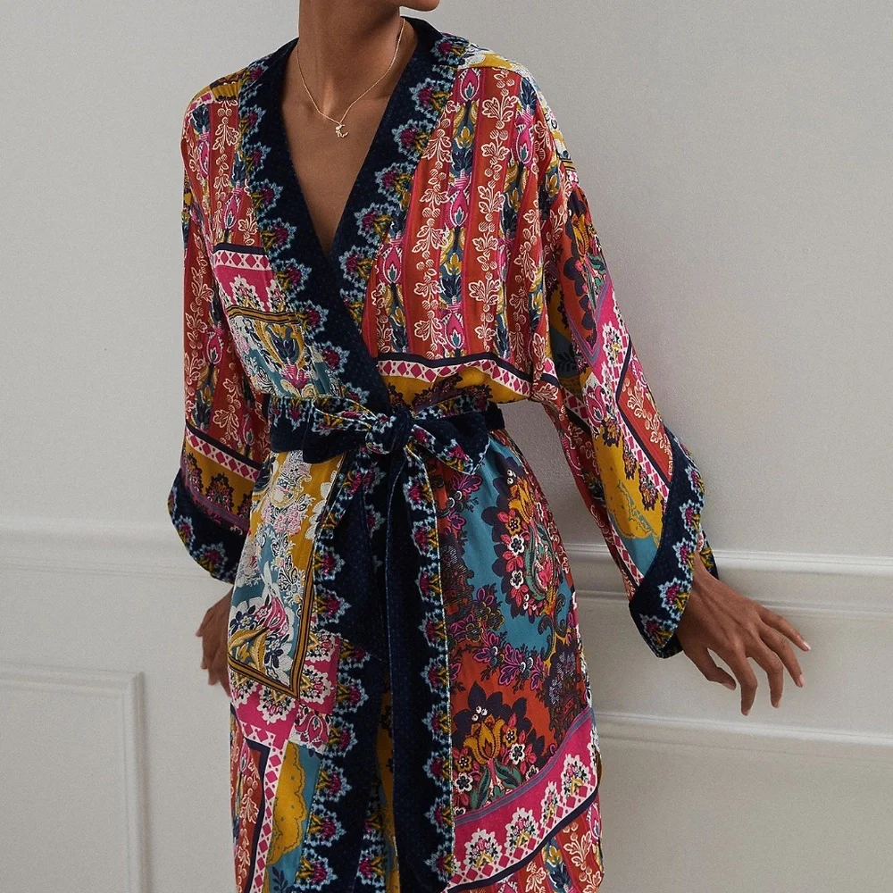 Zadie Robe Velvet Trim & Sash Anthropologie Kimono Floral M/L - Picture 1 of 7